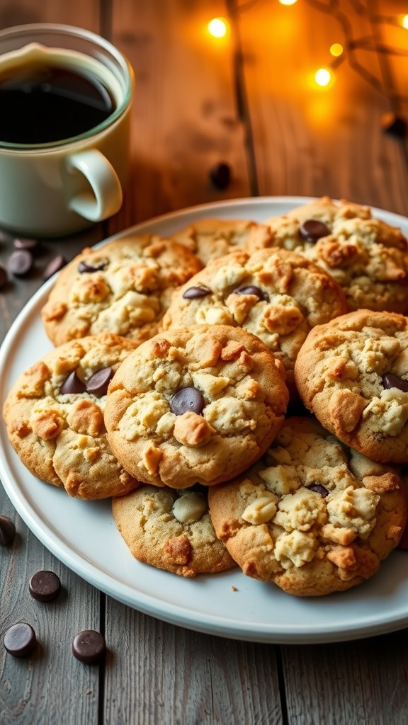 A plate of golden-brown crumble cookies with a crumbly topping, accompanied by chocolate chips and a cup of coffee.